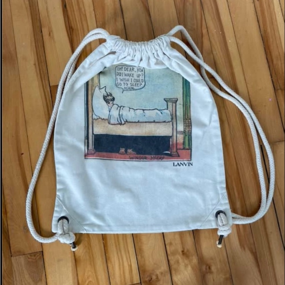 Lanvin Cream Drawstring Bag with Vintage Print